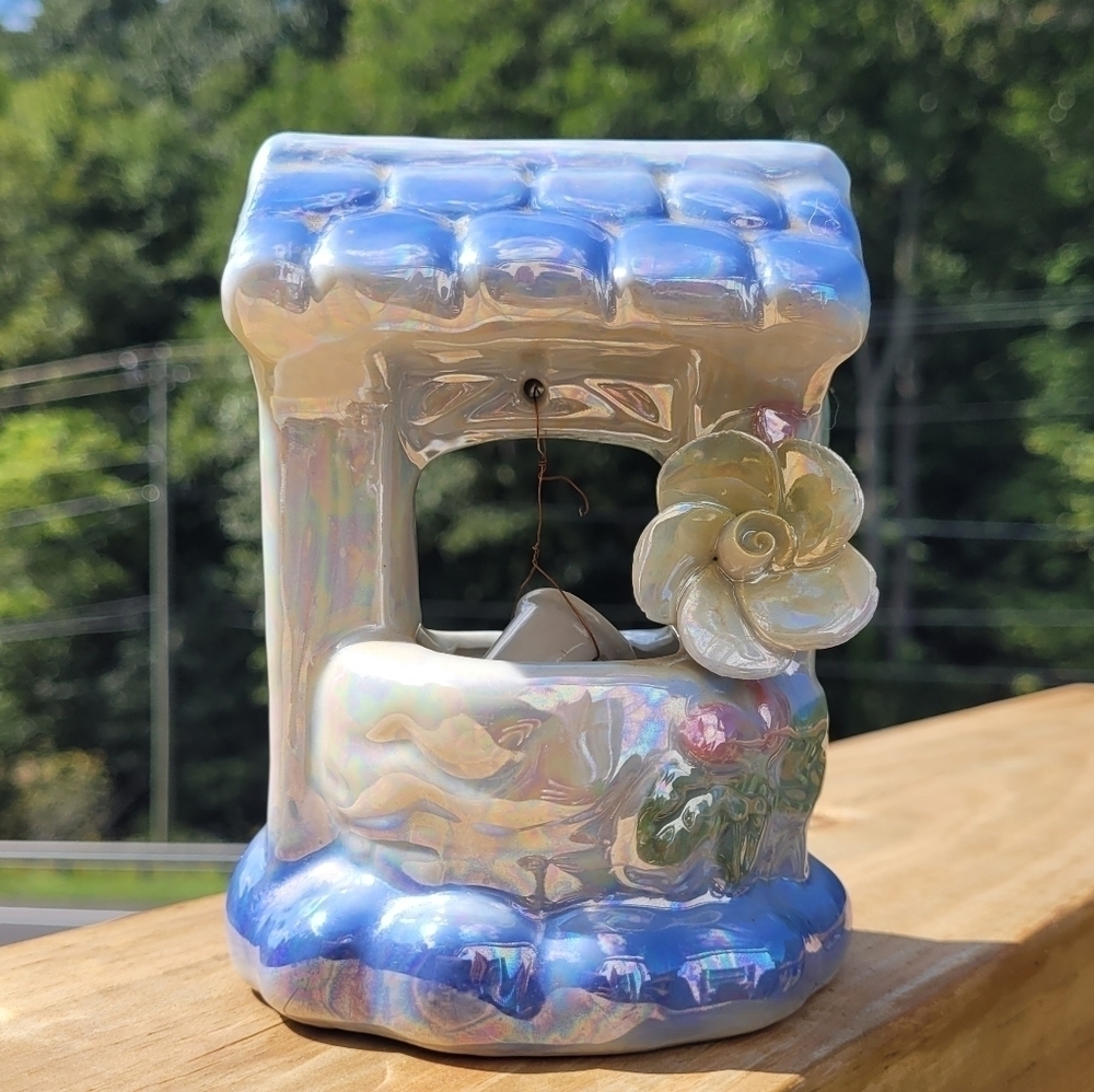 Vintage Glazed Ceramic Wishing Well W/ Bucket & Flowers Great Mother's Day Gift